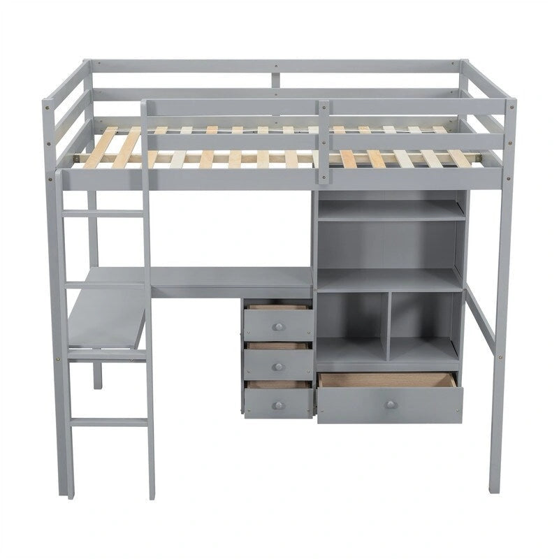 Full Size Loft Bed with Built-in L-Shaped Desk, 4 Storage Drawers and Open Shelves