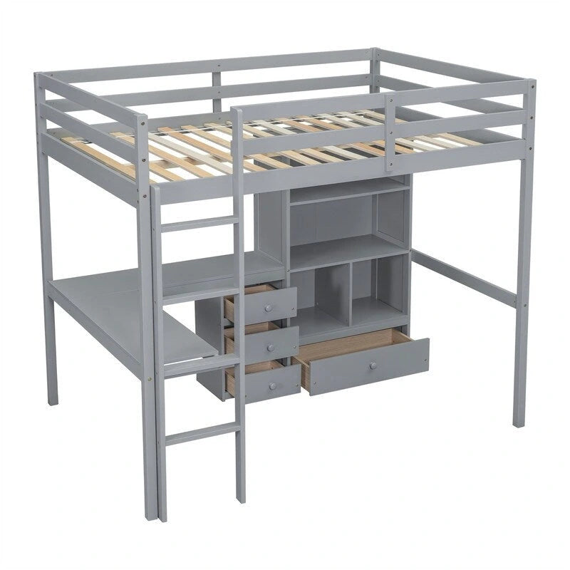 Full Size Loft Bed with Built-in L-Shaped Desk, 4 Storage Drawers and Open Shelves