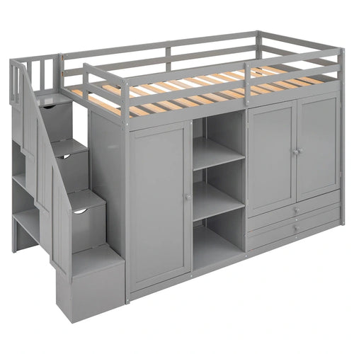 Full Pine Loft Bed with Shelves and Wardrobes