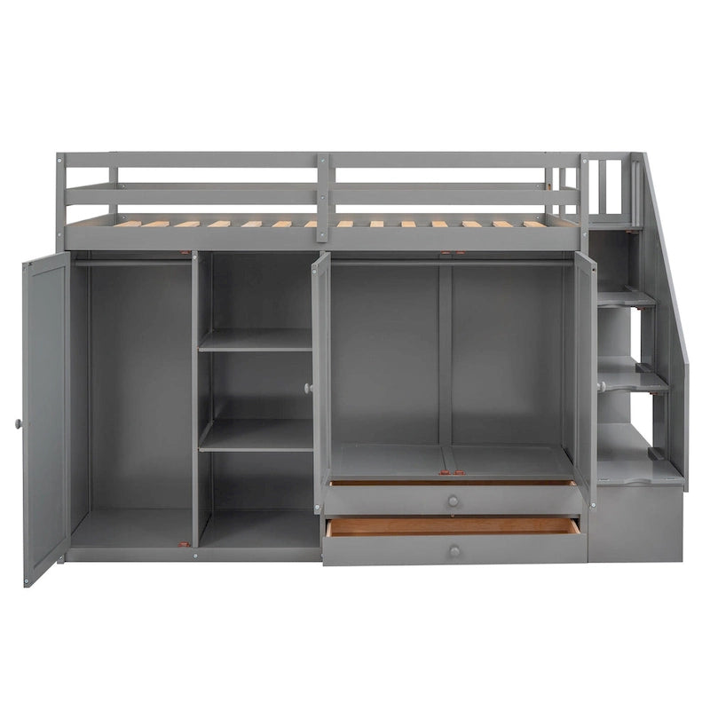 Full Pine Loft Bed with Shelves and Wardrobes
