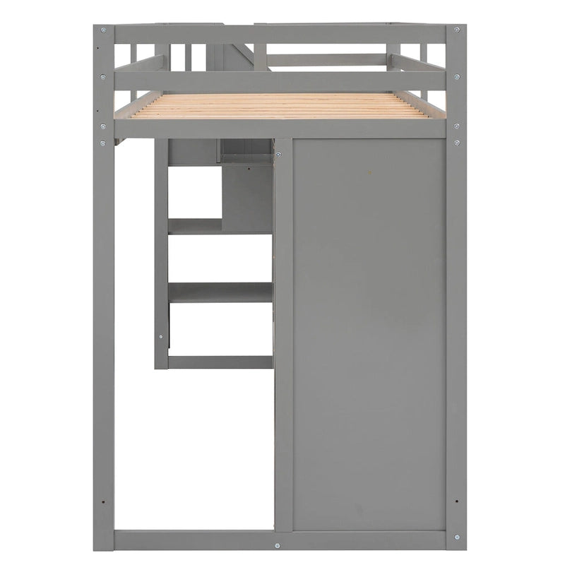 Full Pine Loft Bed with Shelves and Wardrobes