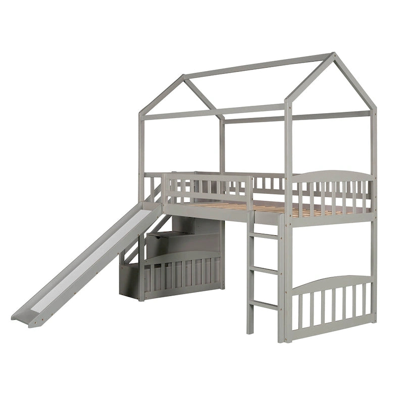 Twin Pine Loft House Bed with Storage Stairs and Slide