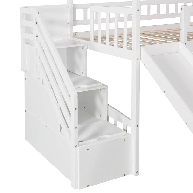 Twin Pine Loft House Bed with Storage Stairs and Slide
