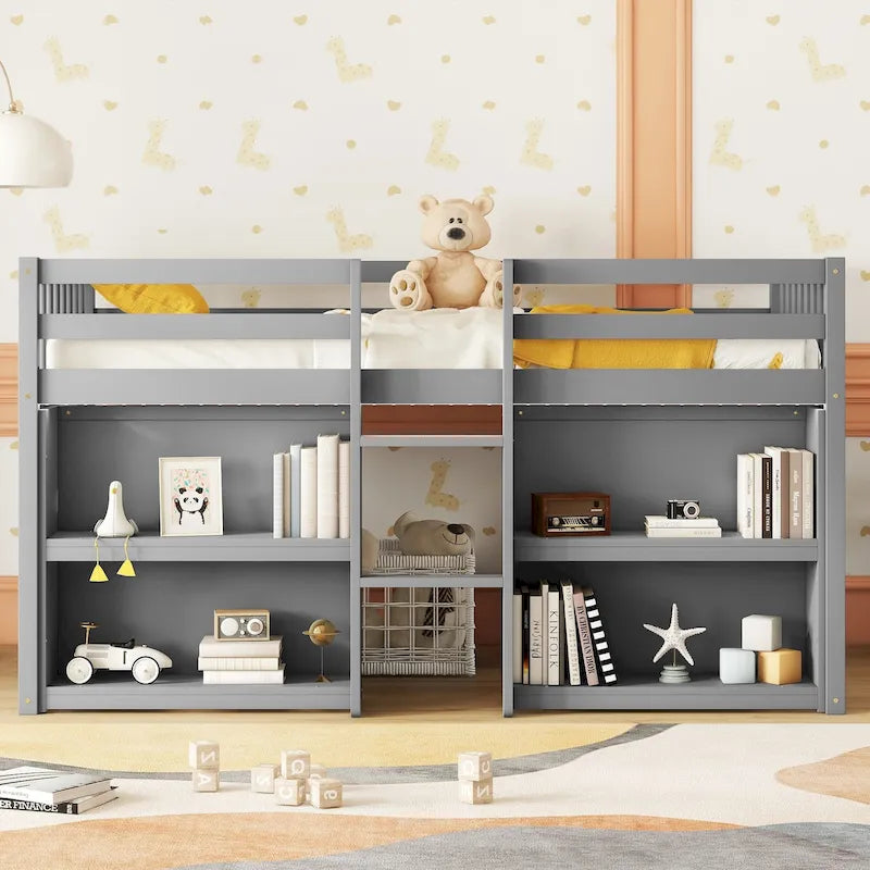 Grey Twin Wood Low Loft Bed with Shelves & LED Light