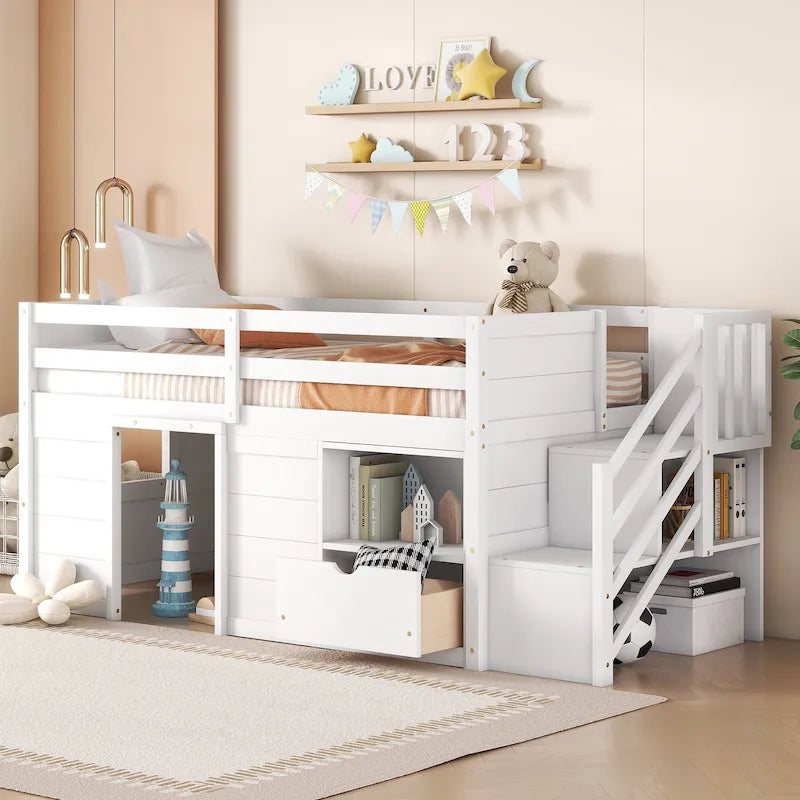 Twin Solid Wood Low Loft Bed with Stair & Drawer
