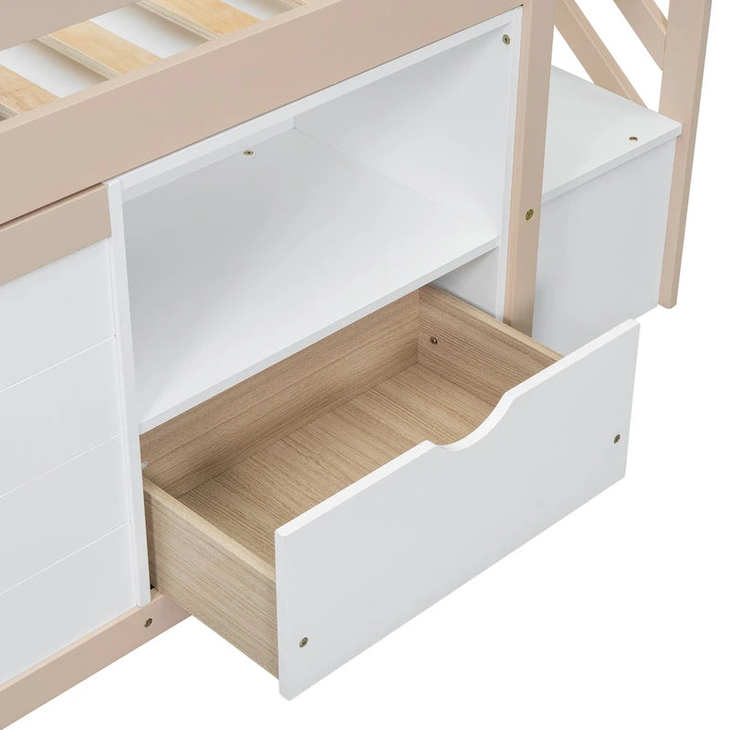 Twin Solid Wood Low Loft Bed with Stair & Drawer