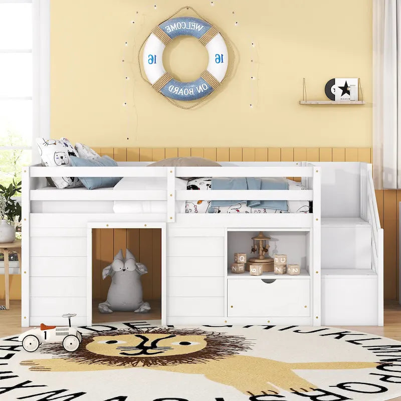 Twin Solid Wood Low Loft Bed with Stair & Drawer