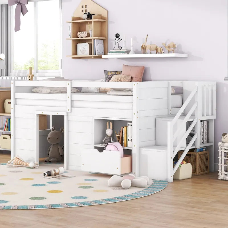 Twin Solid Wood Low Loft Bed with Stair & Drawer