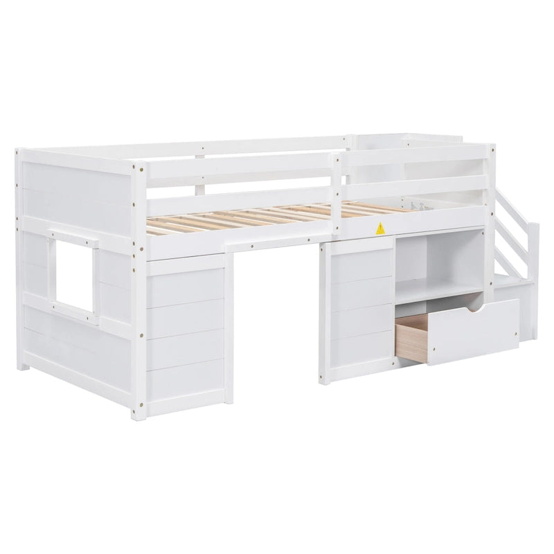 Twin Solid Wood Low Loft Bed with Stair & Drawer