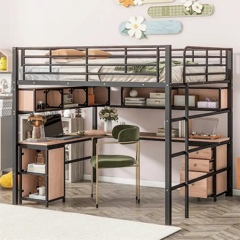 Full Size Metal Loft Bed with Bookcase, L-Shaped Desk and Cabinet