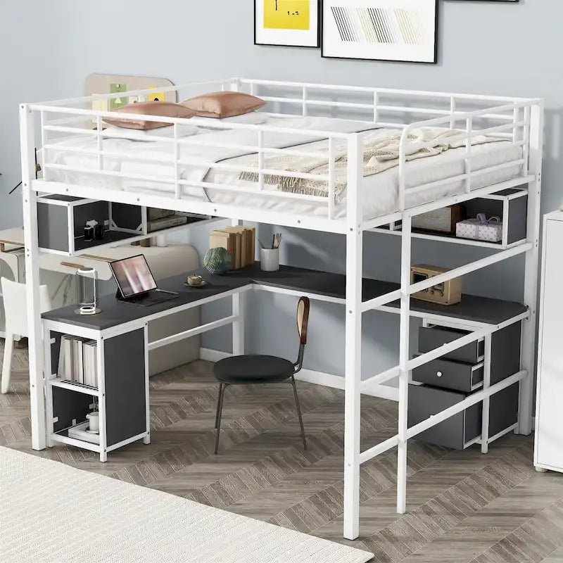 Full Size Metal Loft Bed with Bookcase, L-Shaped Desk and Cabinet