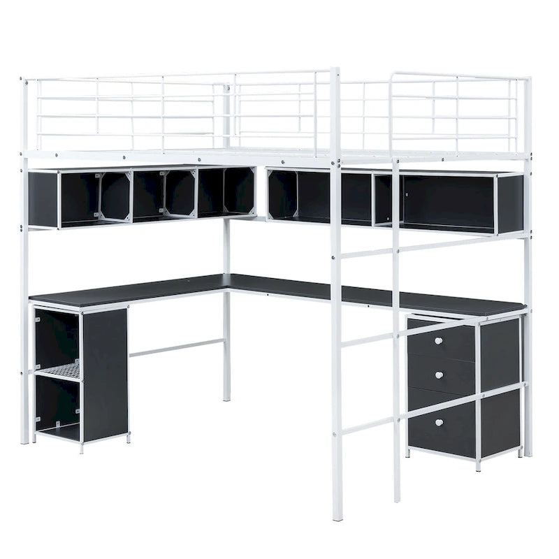 Full Size Metal Loft Bed with Bookcase, L-Shaped Desk and Cabinet