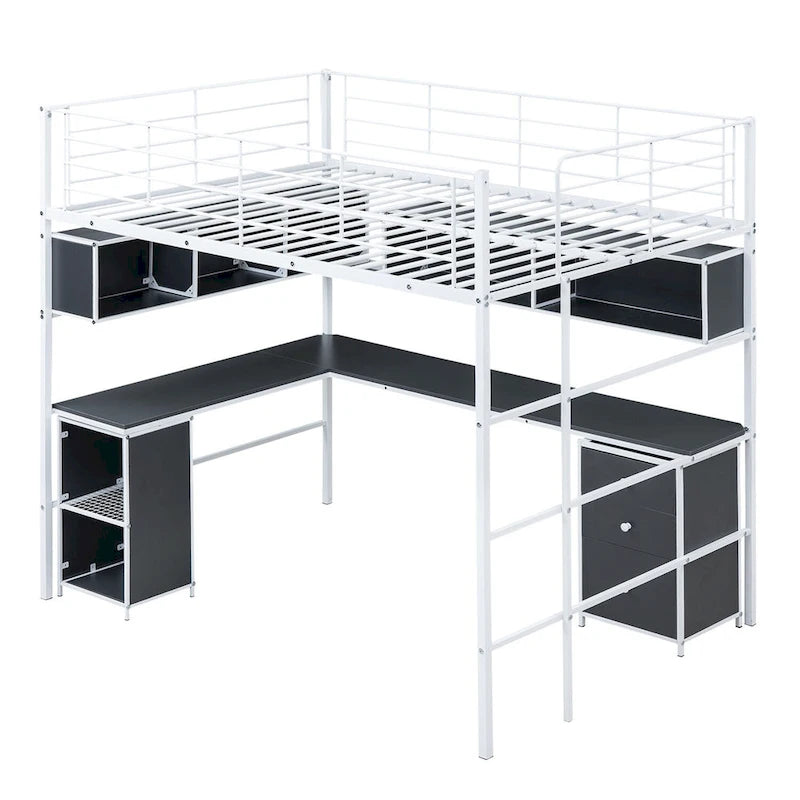 Full Size Metal Loft Bed with Bookcase, L-Shaped Desk and Cabinet