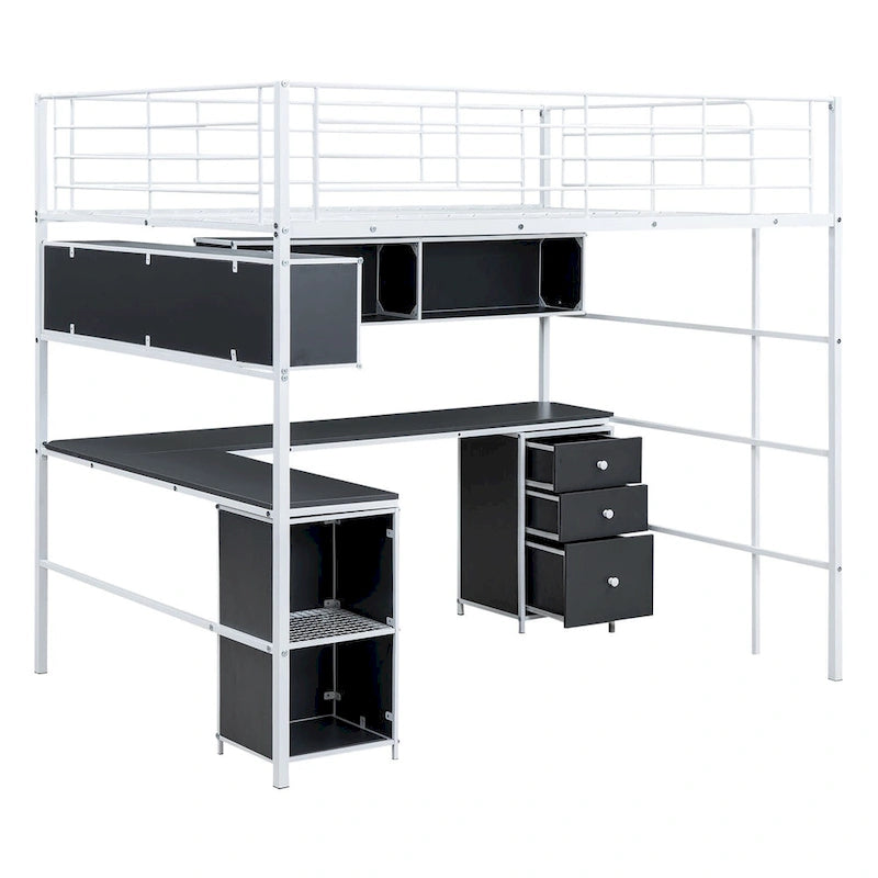 Full Size Metal Loft Bed with Bookcase, L-Shaped Desk and Cabinet