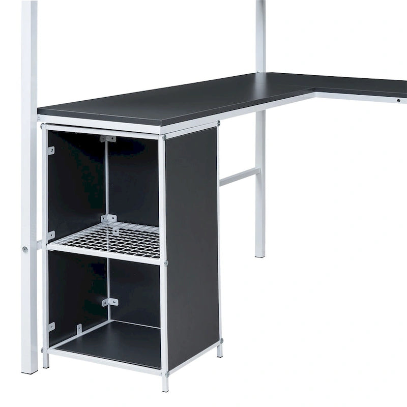 Full Size Metal Loft Bed with Bookcase, L-Shaped Desk and Cabinet