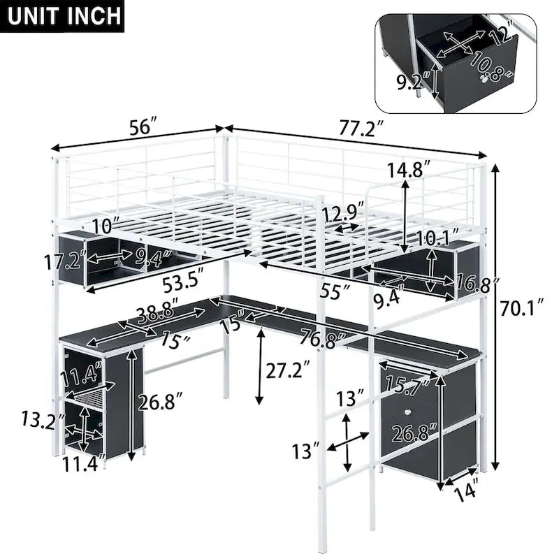 Full Size Metal Loft Bed with Bookcase, L-Shaped Desk and Cabinet