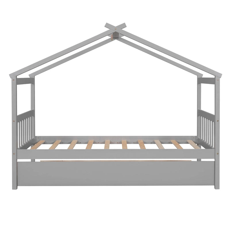 Twin Size Wood House-shaped Bed with Trundle