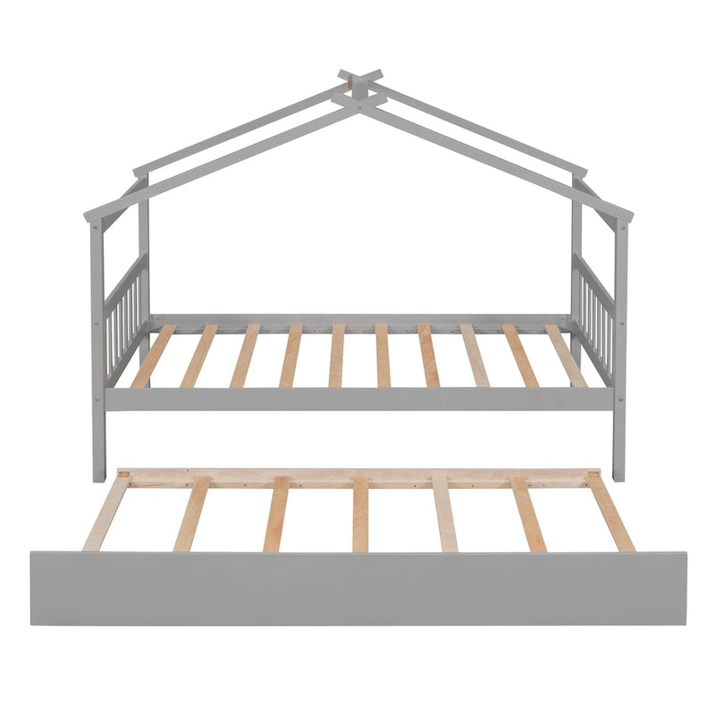 Twin Size Wood House-shaped Bed with Trundle