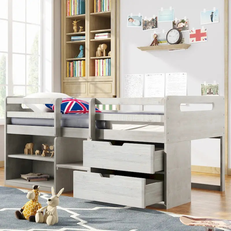 Twin Size Loft Bed with Two Shelves and Two Drawers