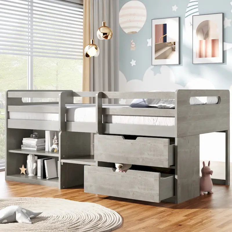 Twin Size Loft Bed with Two Shelves and Two Drawers