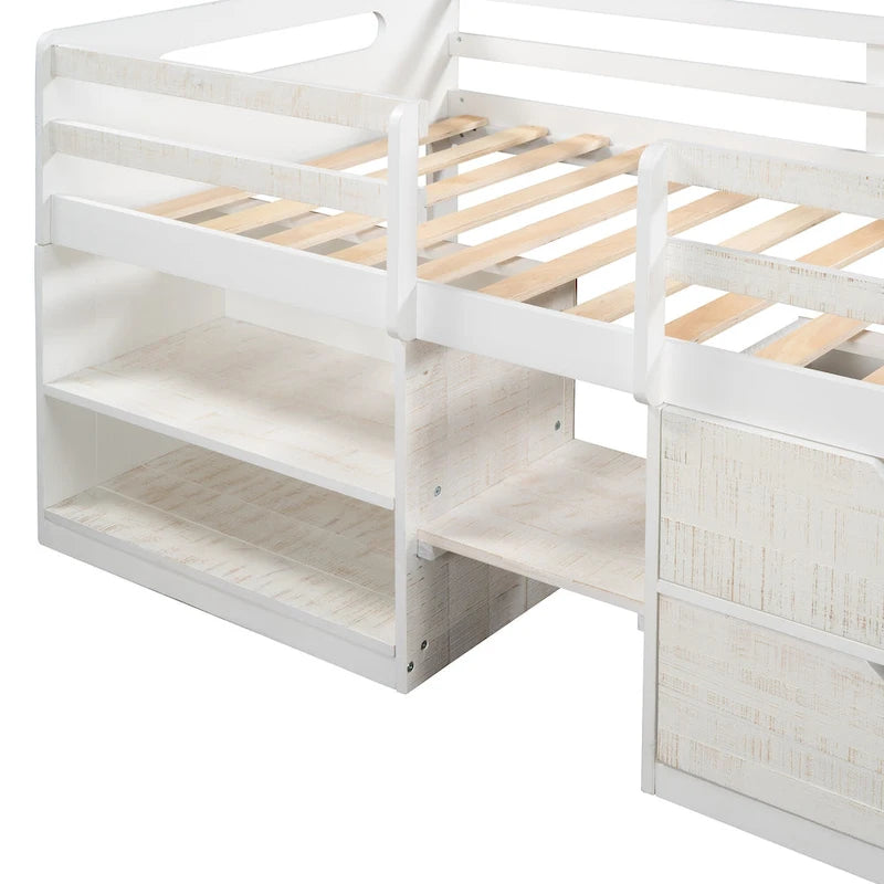 Twin Size Loft Bed with Two Shelves and Two Drawers
