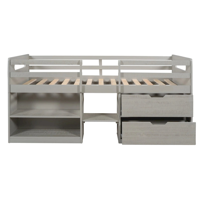Twin Size Loft Bed with Two Shelves and Two Drawers