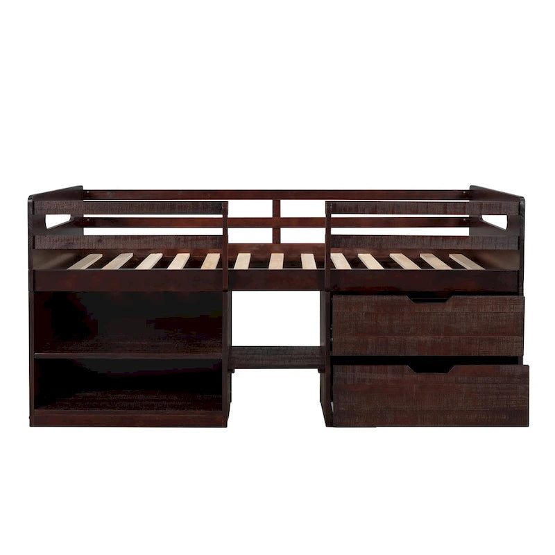 Twin Size Loft Bed with Two Shelves and Two Drawers