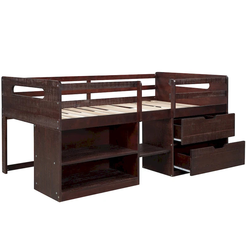 Twin Size Loft Bed with Two Shelves and Two Drawers