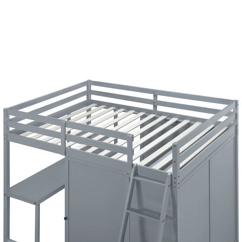 Full Size Wooden Loft Bed with Wardrobe and Desk and Shelves