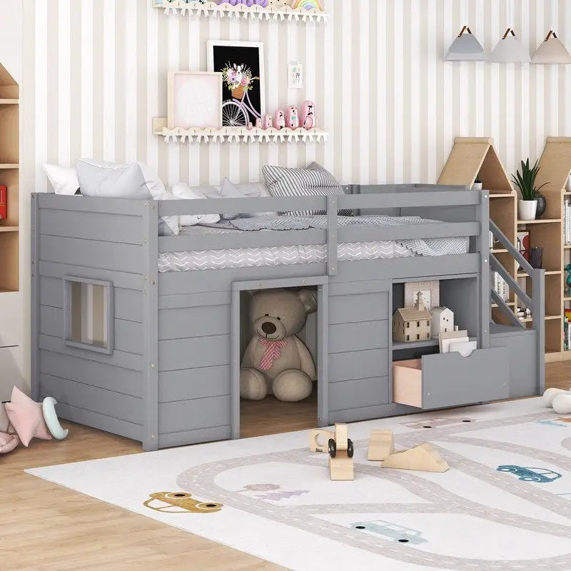 Solid Wood Twin Size Low Loft Bed With Stair, Drawer, and Shelf