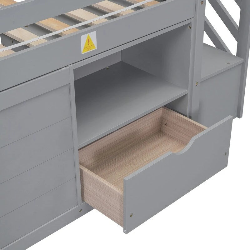 Solid Wood Twin Size Low Loft Bed With Stair, Drawer, and Shelf