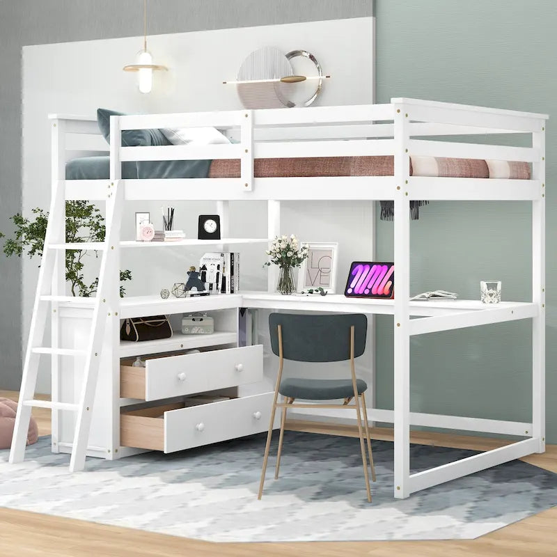 Full Size Loft Bed with Desk, Shelves and Drawers