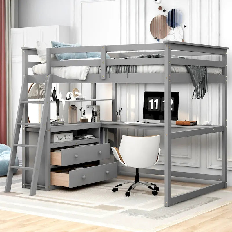 Full Size Loft Bed with Desk, Shelves and Drawers