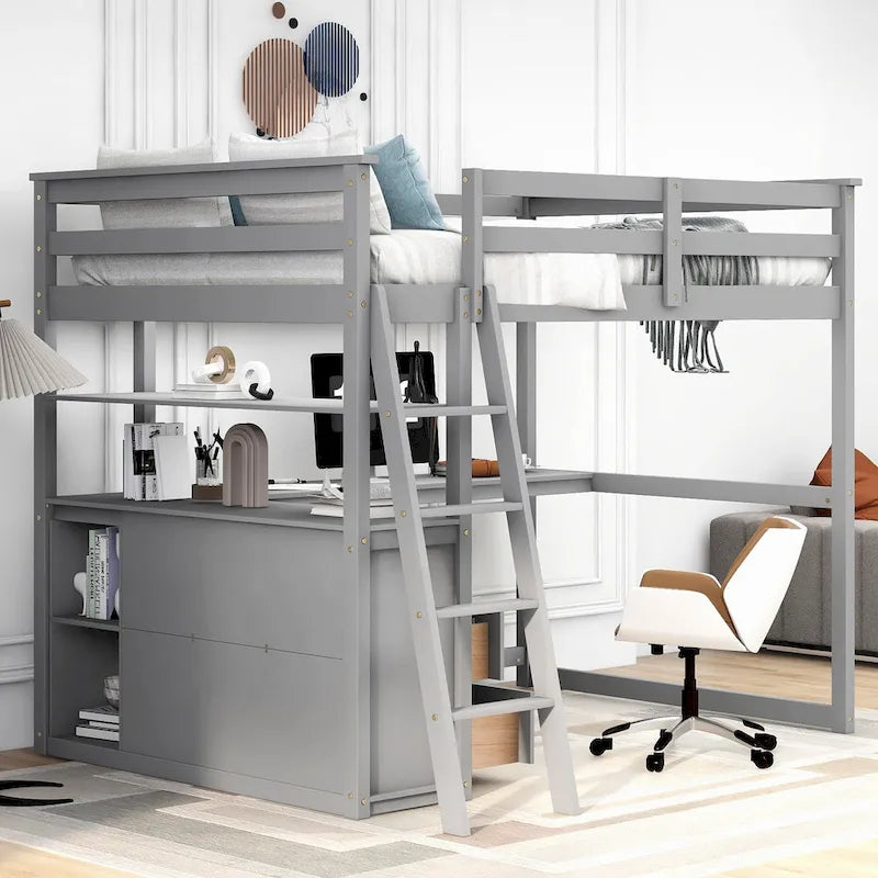 Full Size Loft Bed with Desk, Shelves and Drawers