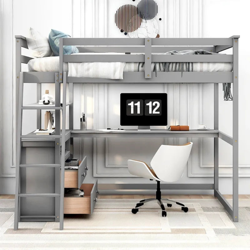 Full Size Loft Bed with Desk, Shelves and Drawers