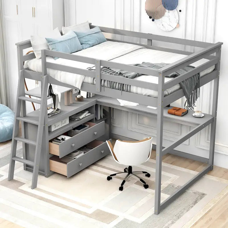 Full Size Loft Bed with Desk, Shelves and Drawers