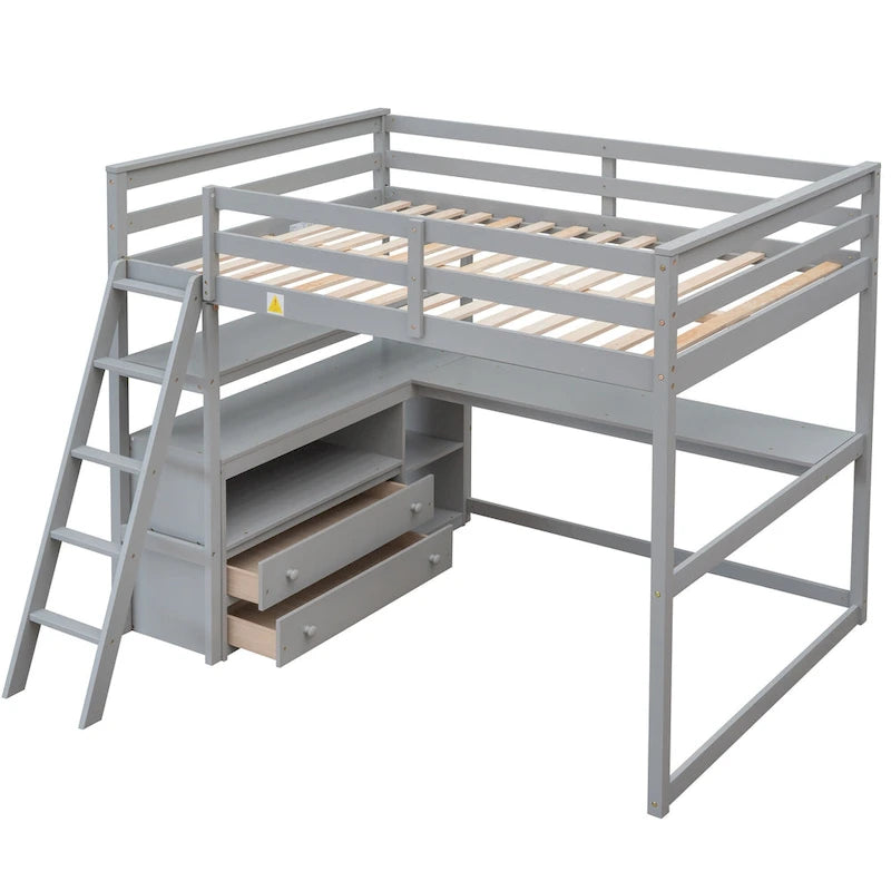 Full Size Loft Bed with Desk, Shelves and Drawers