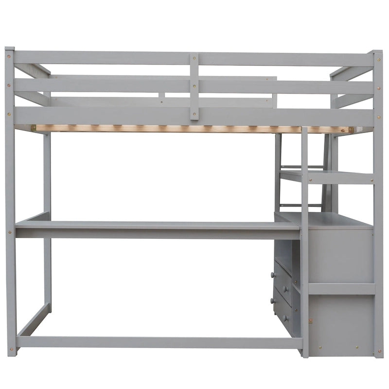 Full Size Loft Bed with Desk, Shelves and Drawers
