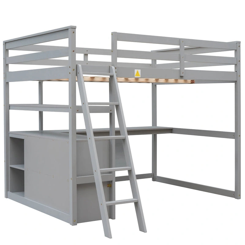 Full Size Loft Bed with Desk, Shelves and Drawers