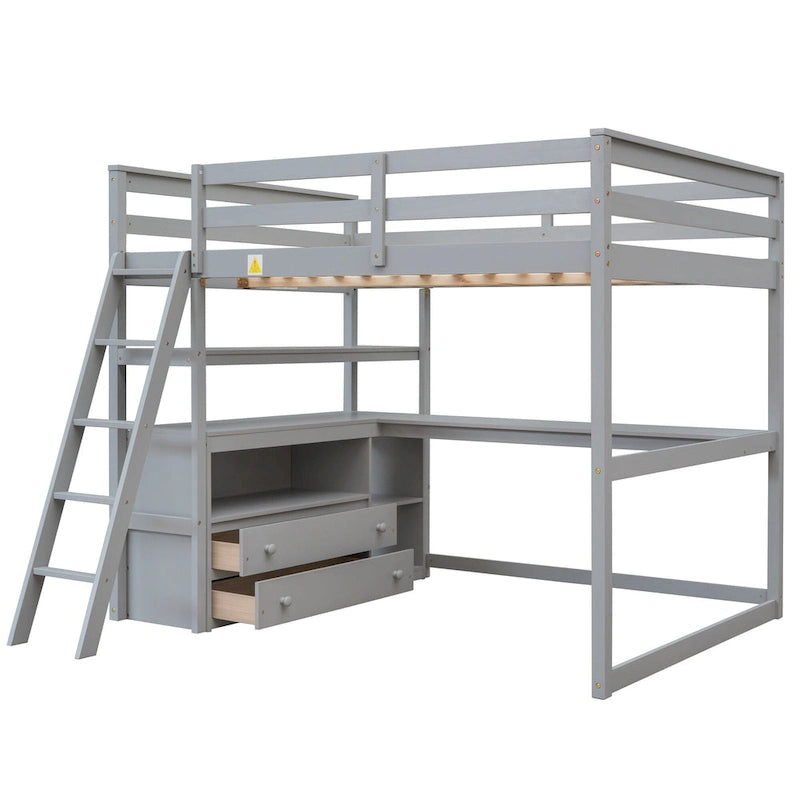 Full Size Loft Bed with Desk, Shelves and Drawers