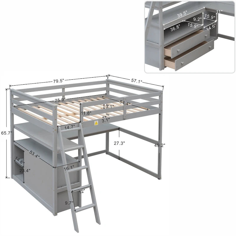 Full Size Loft Bed with Desk, Shelves and Drawers