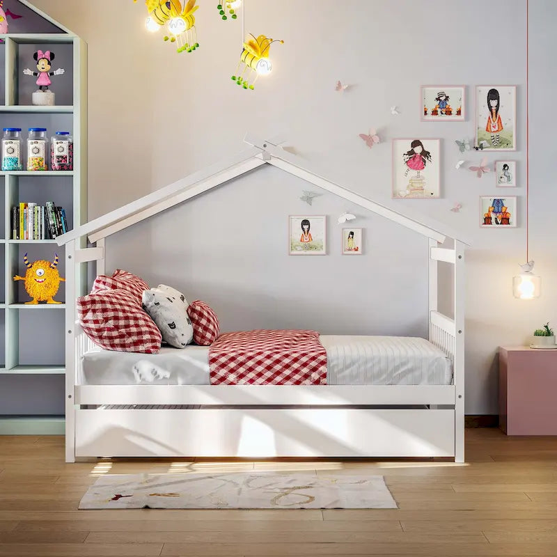 Wooden House Bed with Trundle