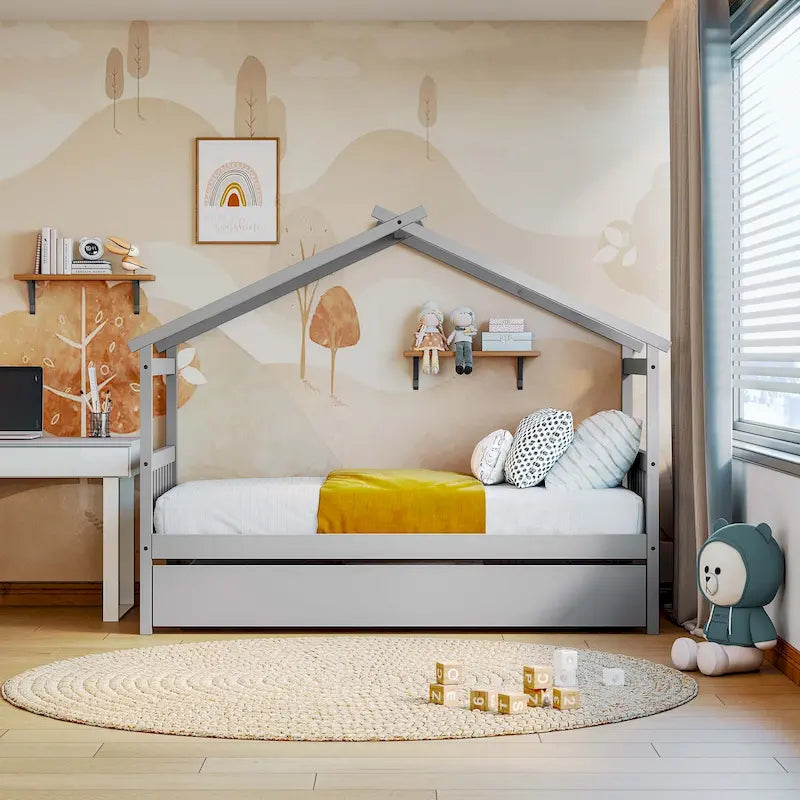 Wooden House Bed with Trundle