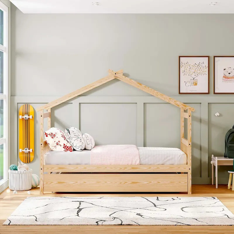 Wooden House Bed with Trundle