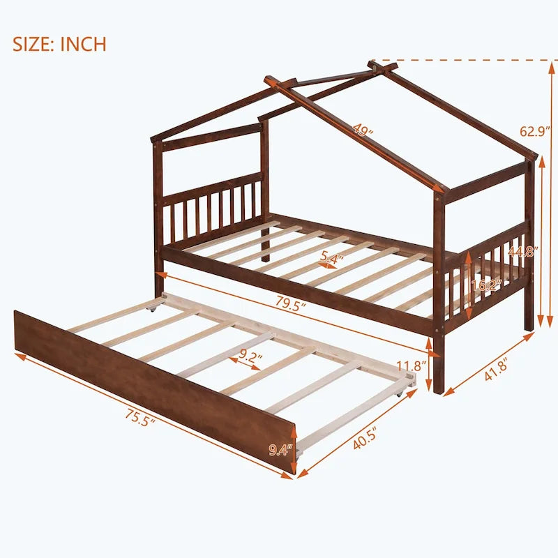 Wooden House Bed with Trundle