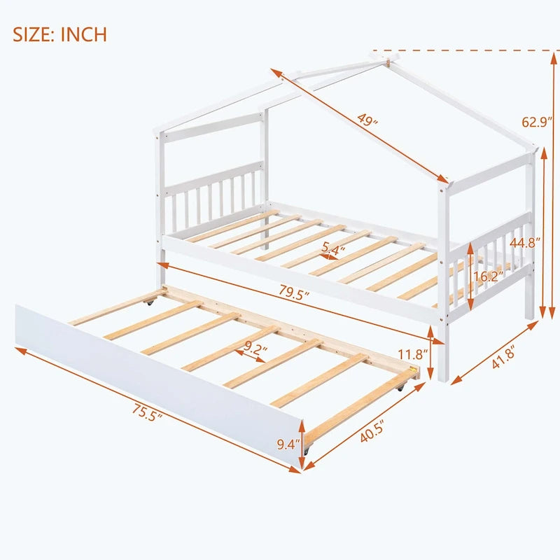 Wooden House Bed with Trundle