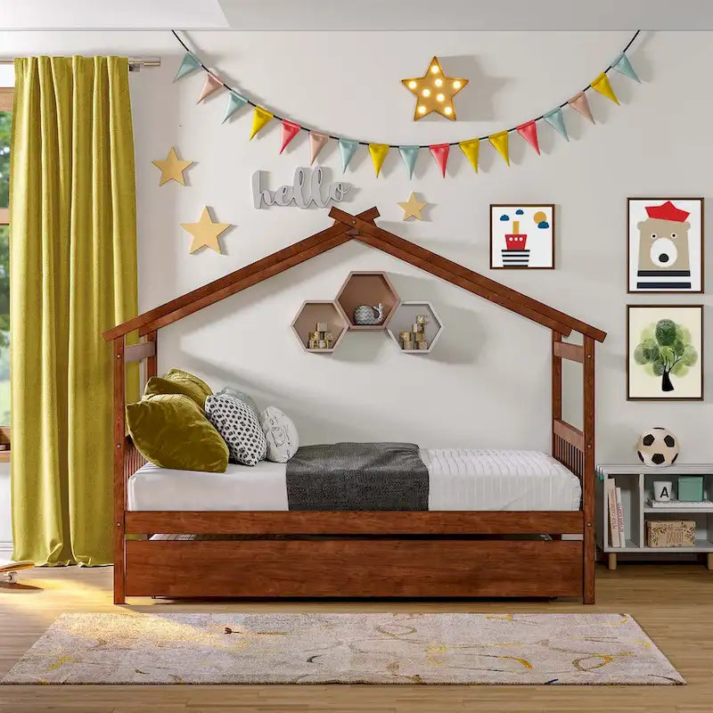 Wooden House Bed with Trundle