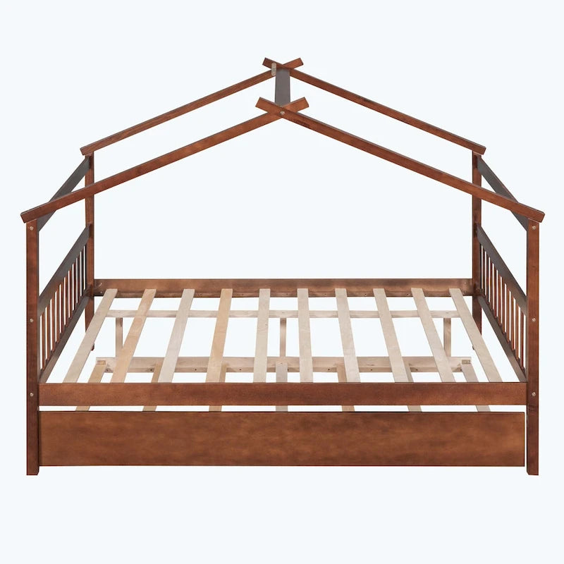 Wooden House Bed with Trundle