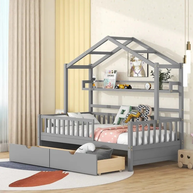 Twin Size Wooden House Bed with 2 Drawers and Storage Shelf