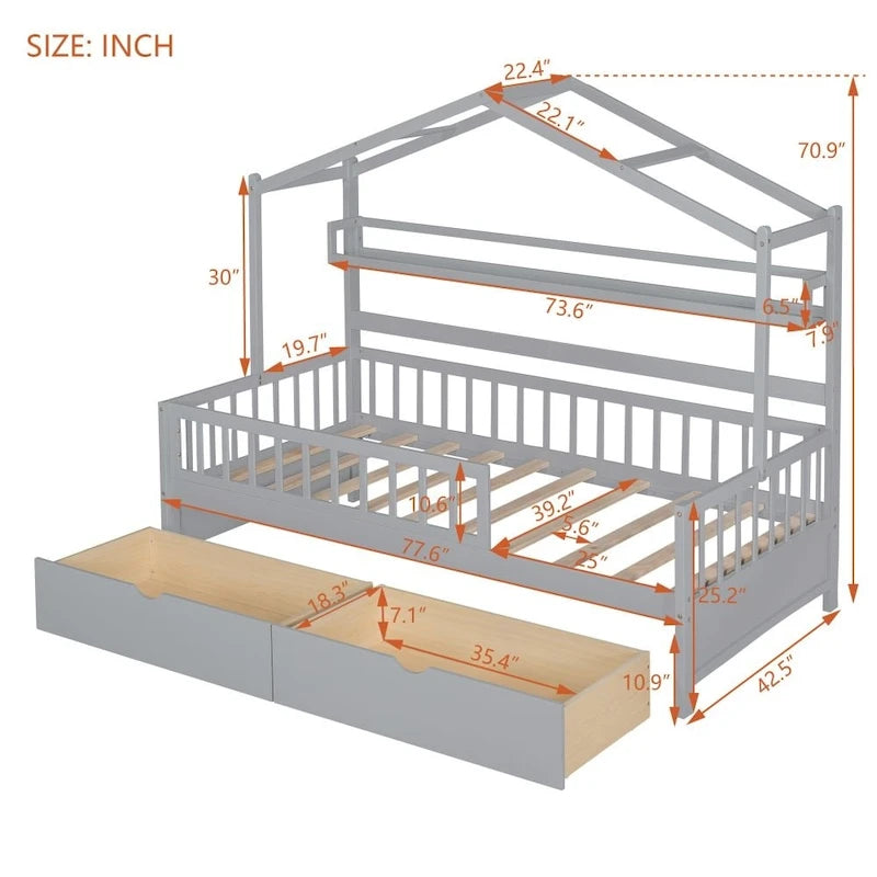 Twin Size Wooden House Bed with 2 Drawers and Storage Shelf